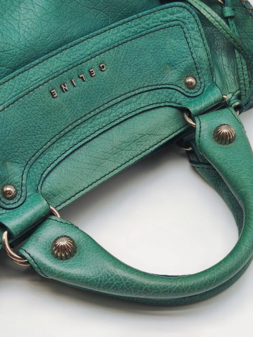 Celine Pebbled Leather Satchel Handbag Turquoise Blue Teal Silver Hardware